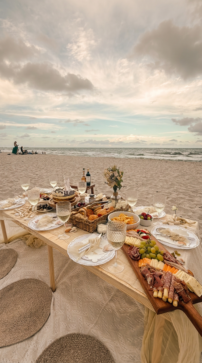 Candlelit beachside table styled for an intimate evening by the sea